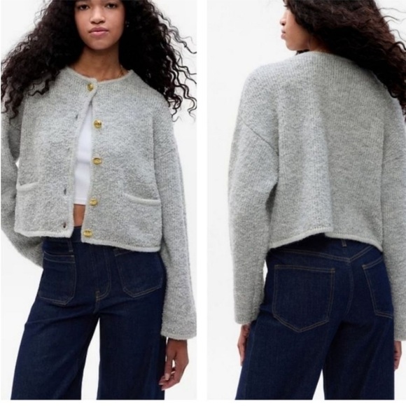 GAP Boucle Cropped Sweater Jacket Wool Cotton Blend - Picture 3 of 6